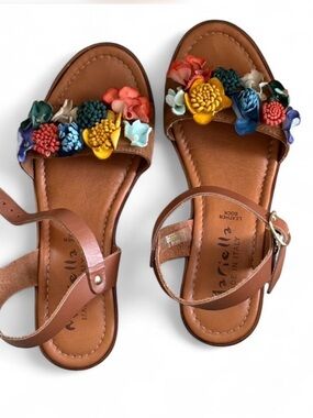 Ariella Brown Leather Floral-Embellished Women's Sandals